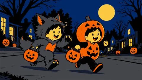 Two children trick-or-treating in wolf and pumpkin costumes on halloween nigh Stock Illustration