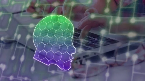 Two children typing at laptop activating pulsing hex head and glowing circuit Stock Footage 334810875