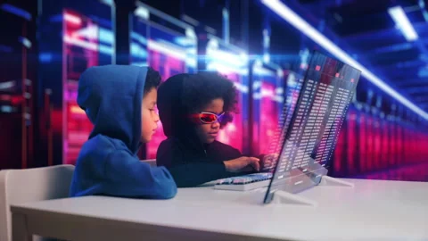 Two children typing programming code on transparent screen, futuristic hacking Stock Footage 288231170