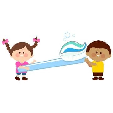 Two children using dental hygiene objects, a toothbrush and toothpaste. Stock Illustration