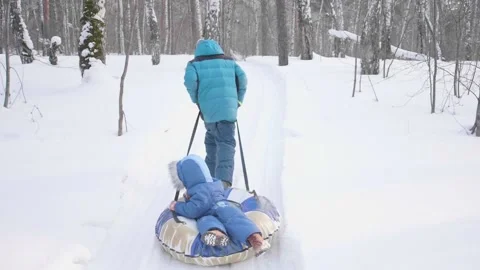 Two children walk in the winter Park. Riding in a sleigh. Outdoor activities and 스톡 동영상 86906516