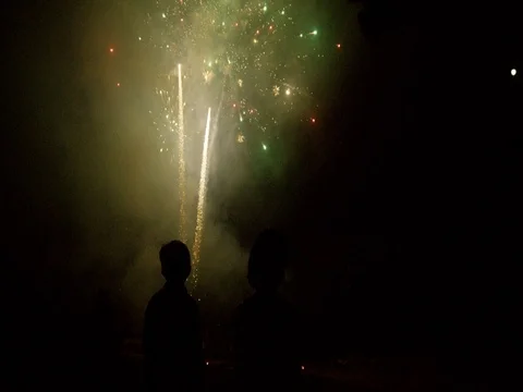 Two Children watching Fireworks, Two Clips, Slow Motion Vídeos de archivo 69543694