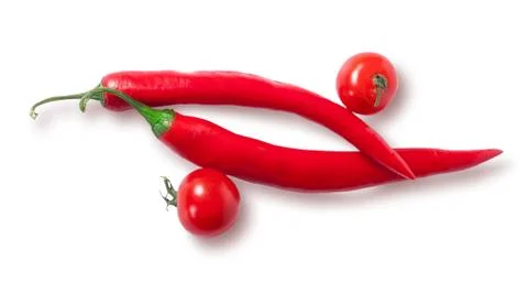 Two chili pepper and two cherry tomatoes top view Stock Photos
