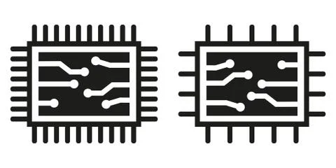 Two chip or microchip icons. Central computer processor, black chip symbol. F Illustrazione stock
