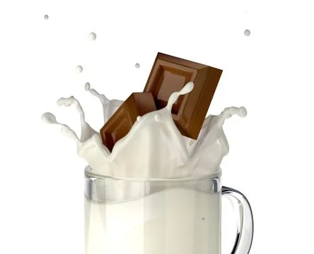 Two chocolate blocks falling into a glass mug full of fresh milk, splashing. Stock Illustration