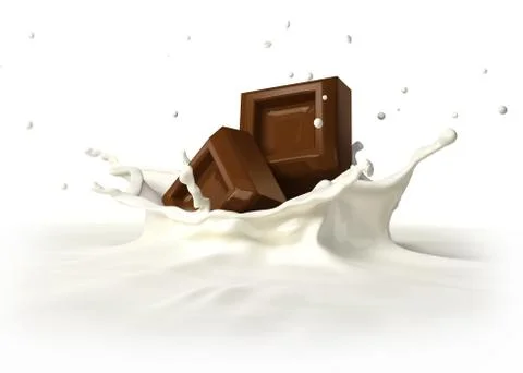 Two chocolate blocks falling into milk splashing. Stock Illustration