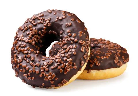 Two chocolate donuts close-up on a white background. Stock Photos