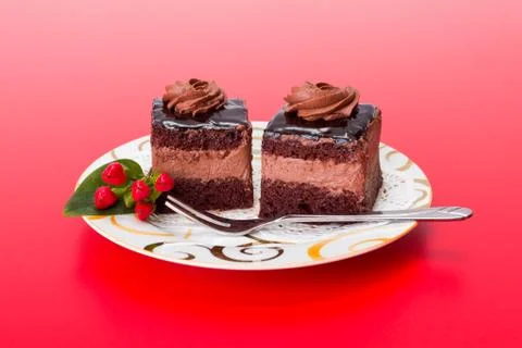 Two chocolate layer mousse cake on plate 스톡 사진