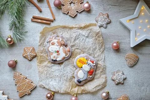 Two Christmas gingerbread in glaze in the form of bulls, Christmas symbols 20 Stock Photos