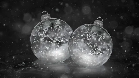 Two Christmas New Year White Ice Glass Baubles Decorations snow background loop Stock Footage 82435013