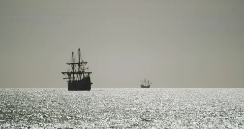 Two Christopher Columbus caravel replica ships sail in the mediterranean Stock Footage 126211364