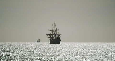 Two Christopher Columbus caravel replica ships sail in the mediterranean Stock Footage 126211468