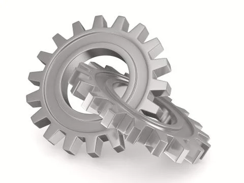 Two chrome gears on white background. Isolated 3D image Stock Illustration