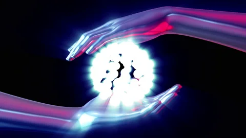 Two chrome metal human hands holding floating glowing sphere of particles. Stock Footage 180898941