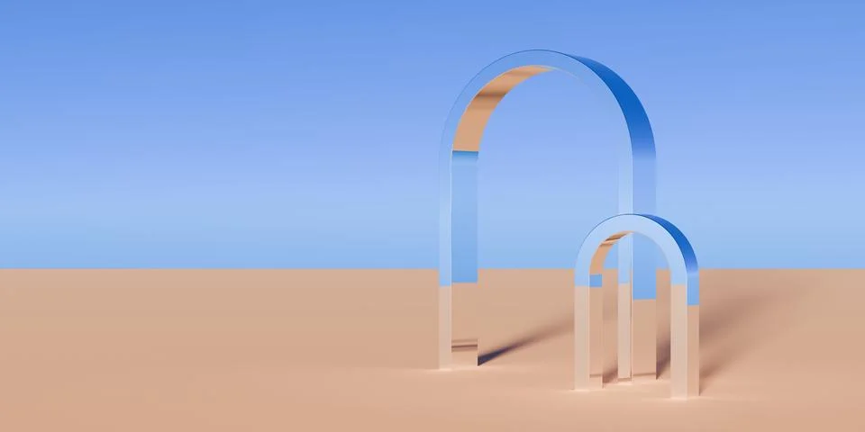 Two chrome retro portal objects in surreal abstract desert landscape with b.. Stock Illustration