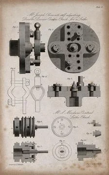 Two chuck mechanisms for an engineer's lathe: elevations, cross-section, an.. イラスト素材