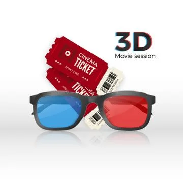 Two cinema tickets an 3d plastic glasses with red and blue glass. Vector illu Stock Illustration