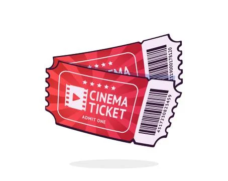 Two cinema tickets with barcode. Pair paper retro coupons for movie entry. Stock Illustration