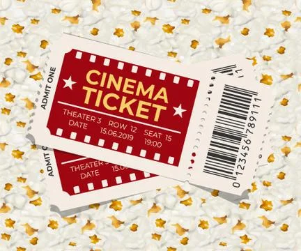 Two cinema tickets on popcorn background vector illustration Stock Illustration