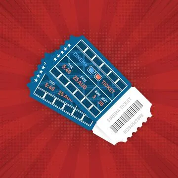 Two cinema vector tickets isolated on red pop background. Realistic objects.  Stock Illustration