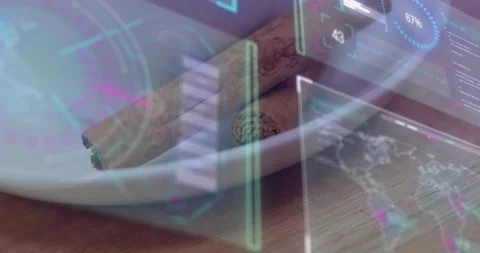 Two cinnamon sticks resting in white bowl, HUD appearing and scanning spice data Stock Footage 331614058