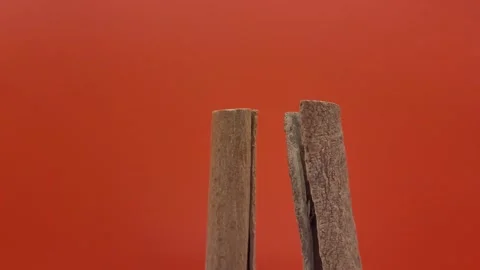 Two cinnamon sticks, rotating on a red background. Stock Footage 287915469