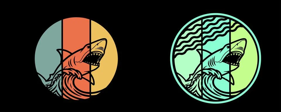 Two circular emblems featuring a shark leaping from the water  bundle design Stock Illustration