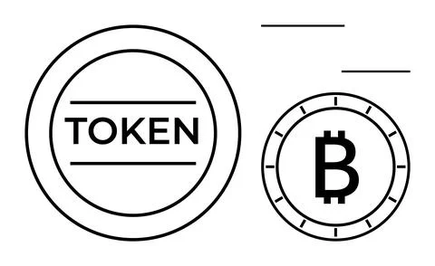 Two circular icons, one labeled Token and the other with a Bitcoin symbol. Id Stock Illustration