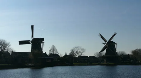 Two Classic Dutch Windmills Stock Footage 47761671