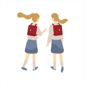 Two classmates, classfellows or friends walk to school and talk or chat Stock Illustration