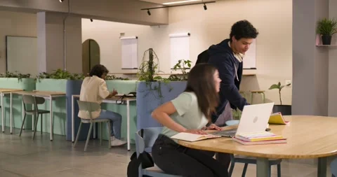 Two classmates entering study area, male with yellow folder greeting female, Stock Footage 340257124