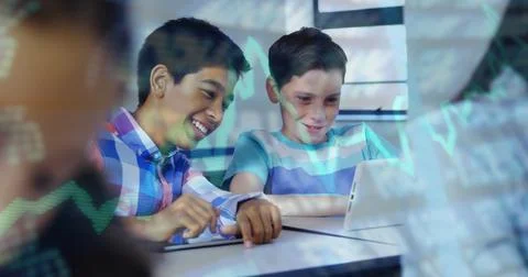 Two classmates pointing stylus at tablet and studying coding in study room, with 스톡 사진