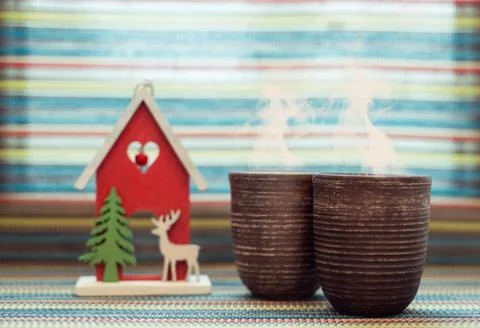 Two clay cups with coffee Stock Photos
