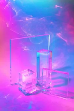 Two clear glass rectangle prism podiums on pastel neon background Stock Photos