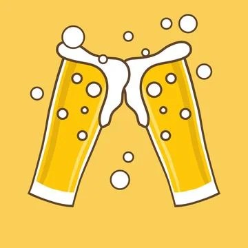 Two clinking beer glasses with foam and bubbles on yellow background vector. Stock Illustration