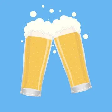 Two clinking beer glasses with white foam and bubbles on light blue Stock Illustration