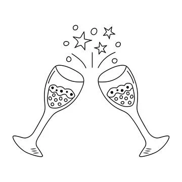 Two clinking glasses with champagne in doodle style. Cheers, holiday toast,.. Stock Illustration