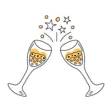Two clinking glasses with champagne in doodle style. Cheers, holiday toast,.. Stock Illustration