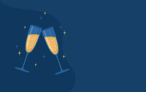Two clinking glasses of sparkling wine on a dark blue background with copy space Stock Illustration