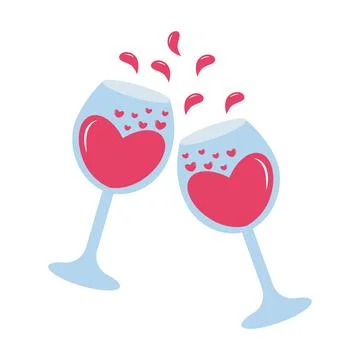 Two clinking wine glasses with hearts and drops. Valentine's day romantic c.. Illustrazione stock