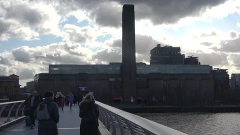Two Clips Crossing Millennium Bridge Toward Tate Modern Museum In London Stock Footage 154160857