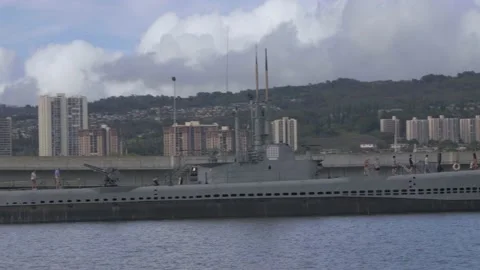 Two Clips Panning Across USS Bowfin Submarine, Pearl Harbor, Hawaii Stock Footage 154497280