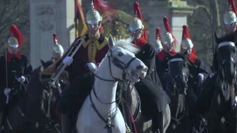 Two Clips of Queen's Guard on Horseback at Changing of the Guard in London Stock Footage 154017158
