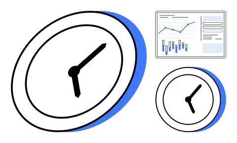 Two clocks and data chart with bars, line graphs. One clock is larger. Ideal  Stock Illustration