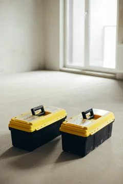 Two Closed Tool Cases With Handles And Latches Positioned Side By Side. Stock Photos