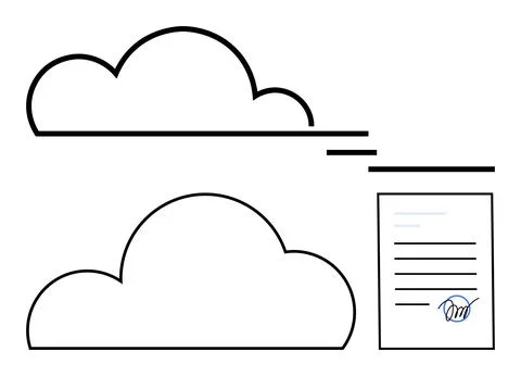 Two cloud icons connected to a signed document. Ideal for cloud computing, di Stock Illustration