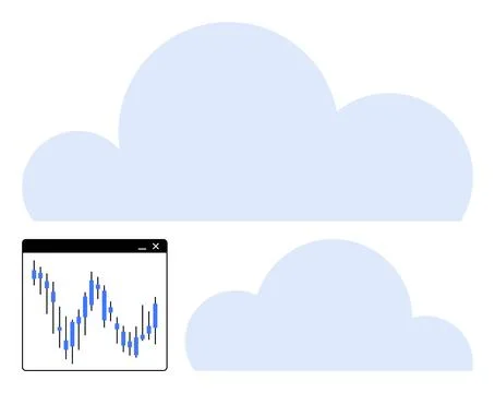 Two cloud icons with a data analytics chart window displaying fluctuating fin Illustrazione stock