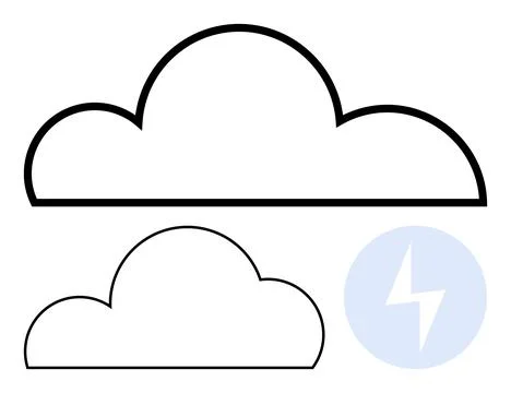 Two cloud outlines in black and white with a lightning bolt in a blue circula 库存插图