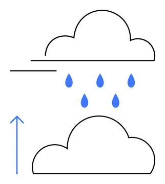 Two clouds with blue raindrops falling from the upper cloud and an arrow indi Stock Illustration