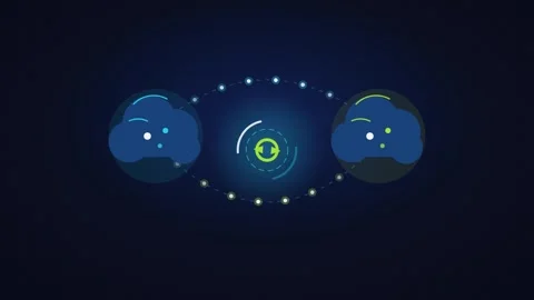 Two clouds exchanging data streams in a continuous sync loop Video stock 346993443